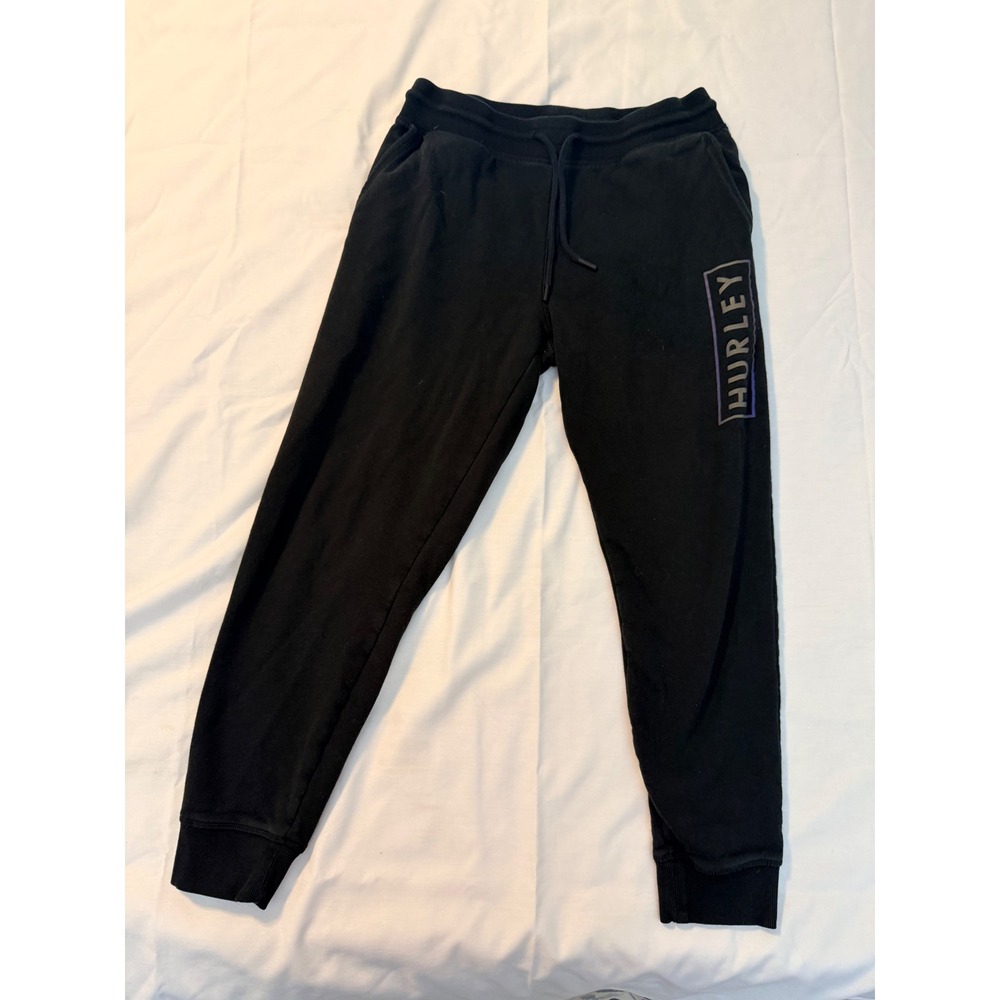 Hurley Mens Black Fleece Jogger Sweatpants Logo Graphic Drawstring Size Medium